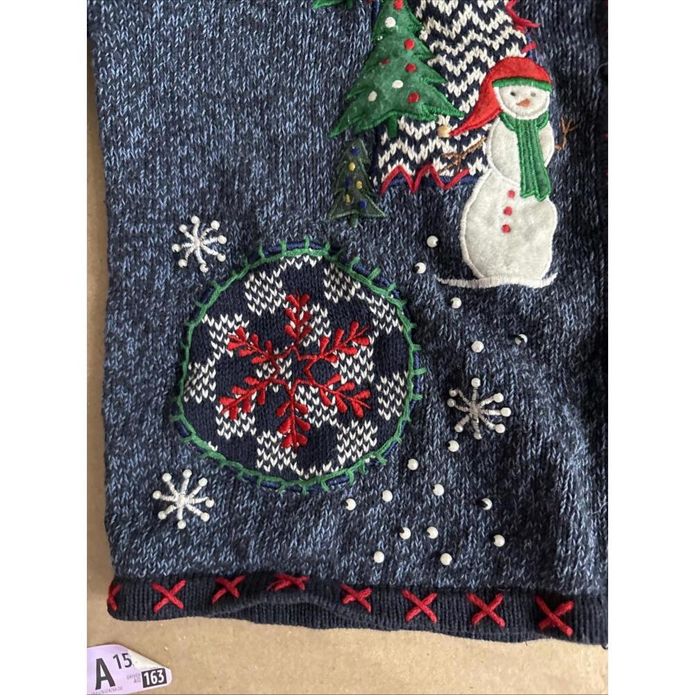 VTG Christmas Sweater Cardigan Sz M Erika Snowman Snowflakes Embroidered Pearls - Picture 10 of 12
